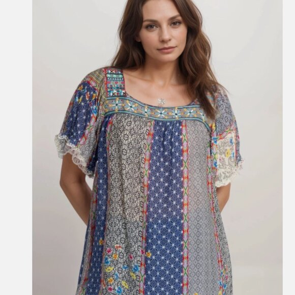Johnny Was Womens Kichica Padme Blouse XS tunic short slee lace Silky Patchwork - Picture 1 of 5